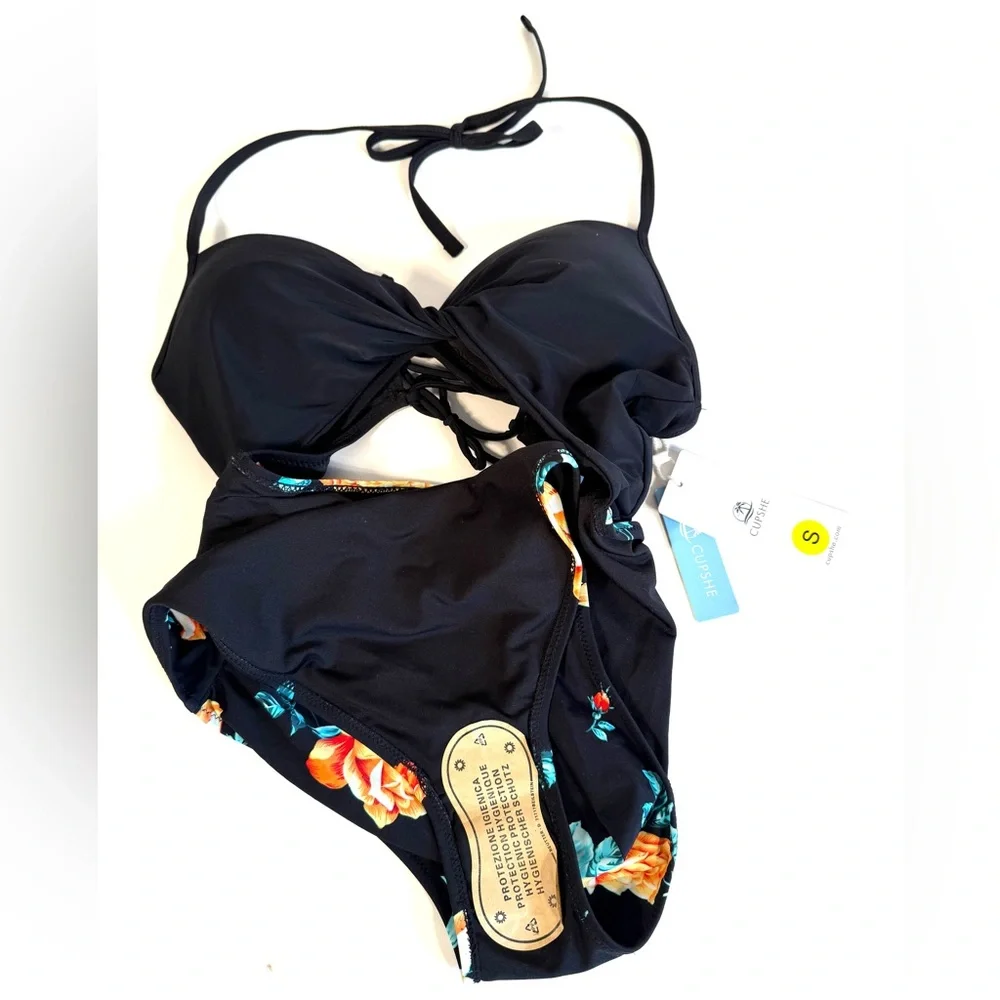 Cupshe Black Floral Print Halter Lace-Up Tummy Control One Piece Swimsuit - Picture 11 of 16